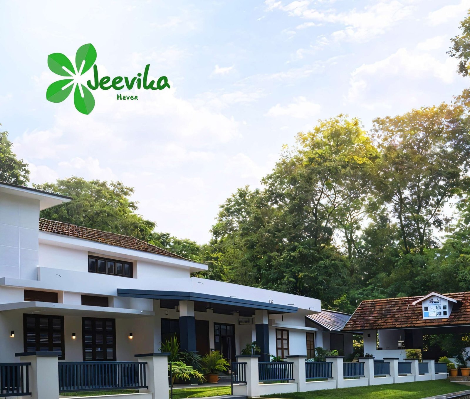 Exterior view of Jeevika Haven villa surrounded by lush greenery