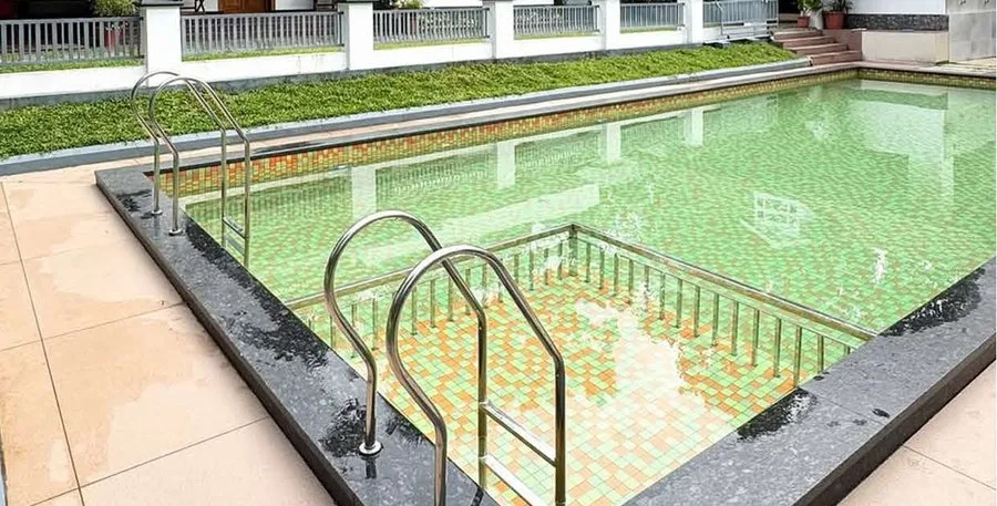 Pool area at Jeevika Haven during the day